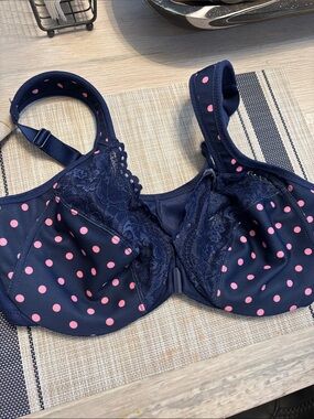 Glamorise Navy Bra with Pink Polka Dots and Lace